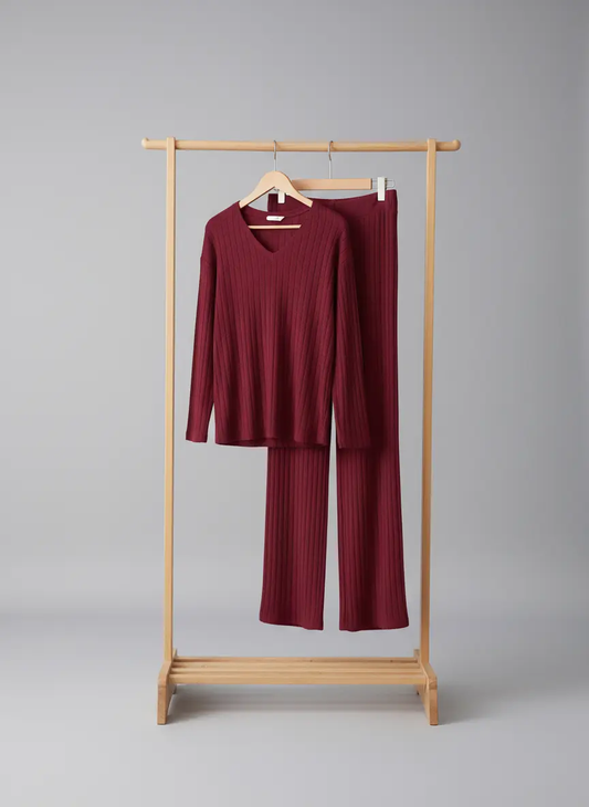 Women's Cozy Ribbed V-Neck Top & Wide-Leg Pants Set