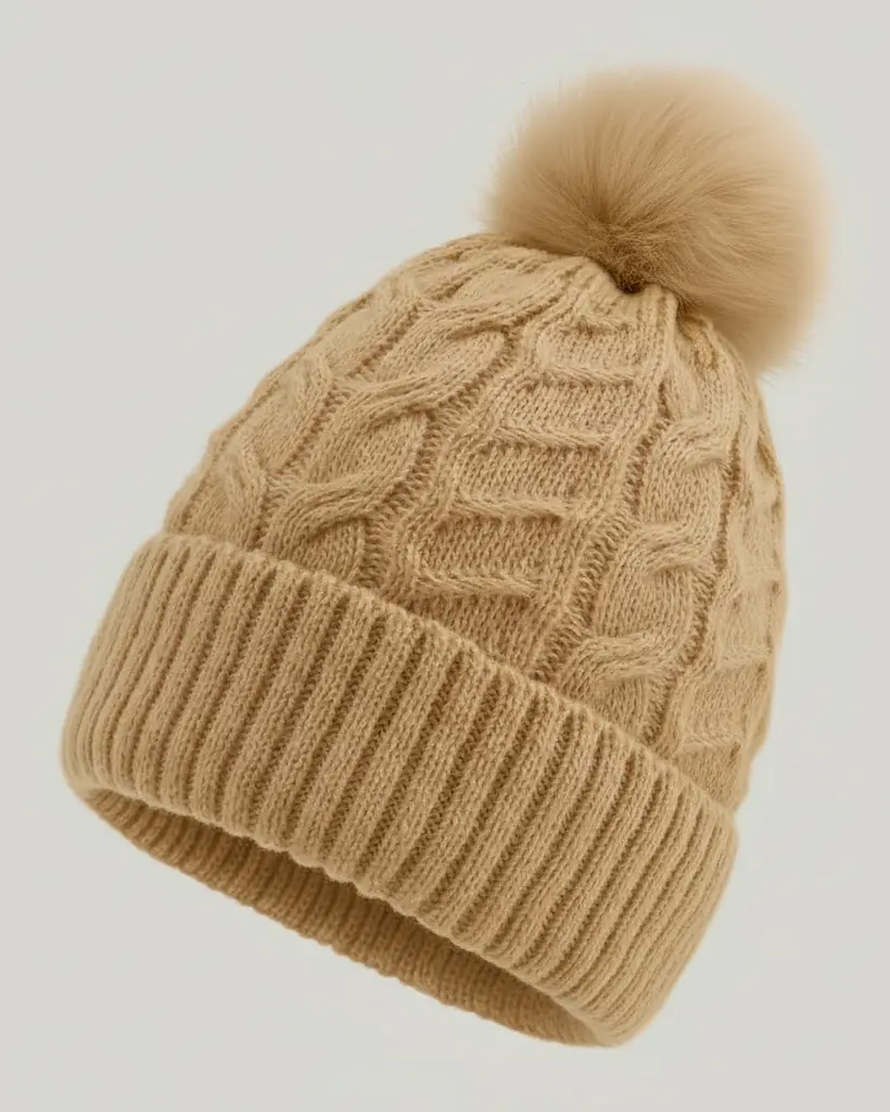 100% Acrylic Plush Women's Winter Warm Knitted Beanie Pompom Hat