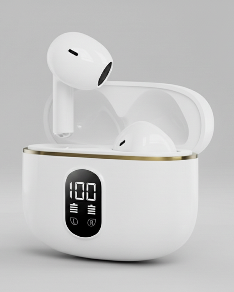 White wireless earbuds with LED display
