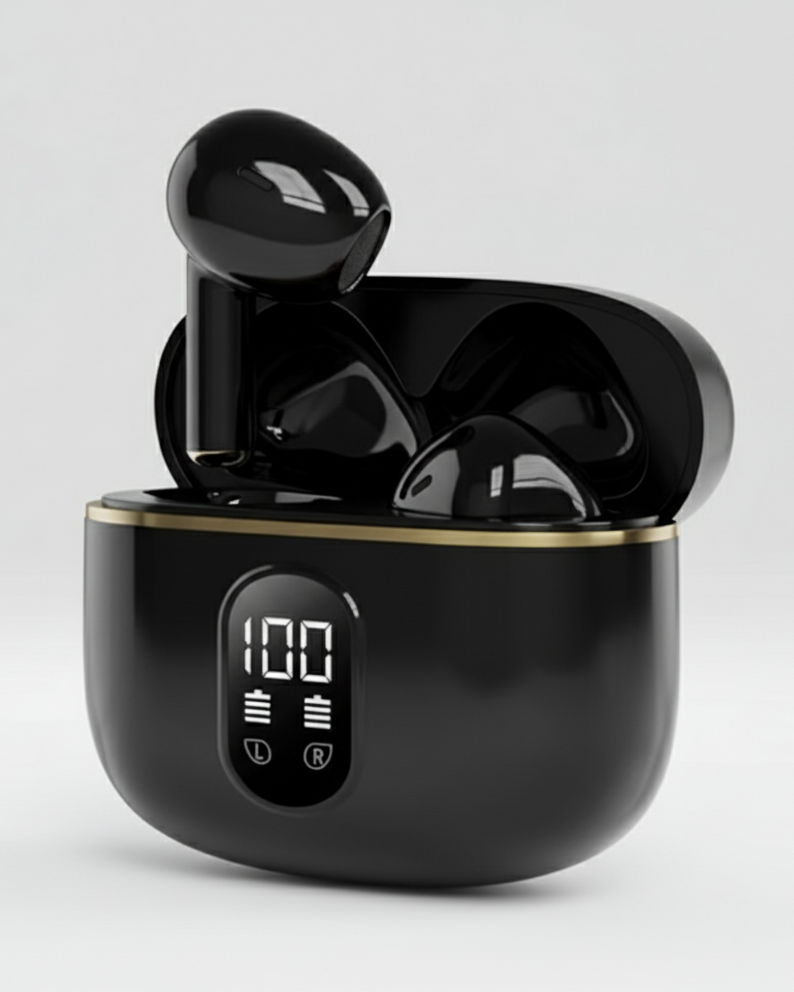  black wireless earbuds with LED display