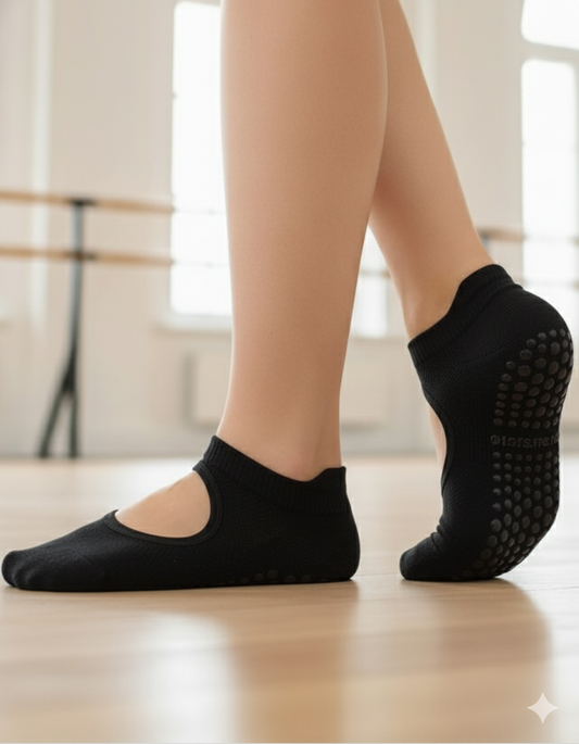 black yoga pilates open top grip socks for women