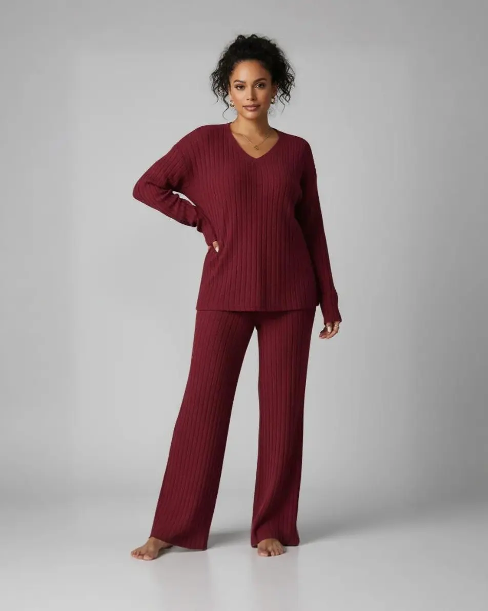 Women's Cozy Ribbed V-Neck Top & Wide-Leg Pants Set